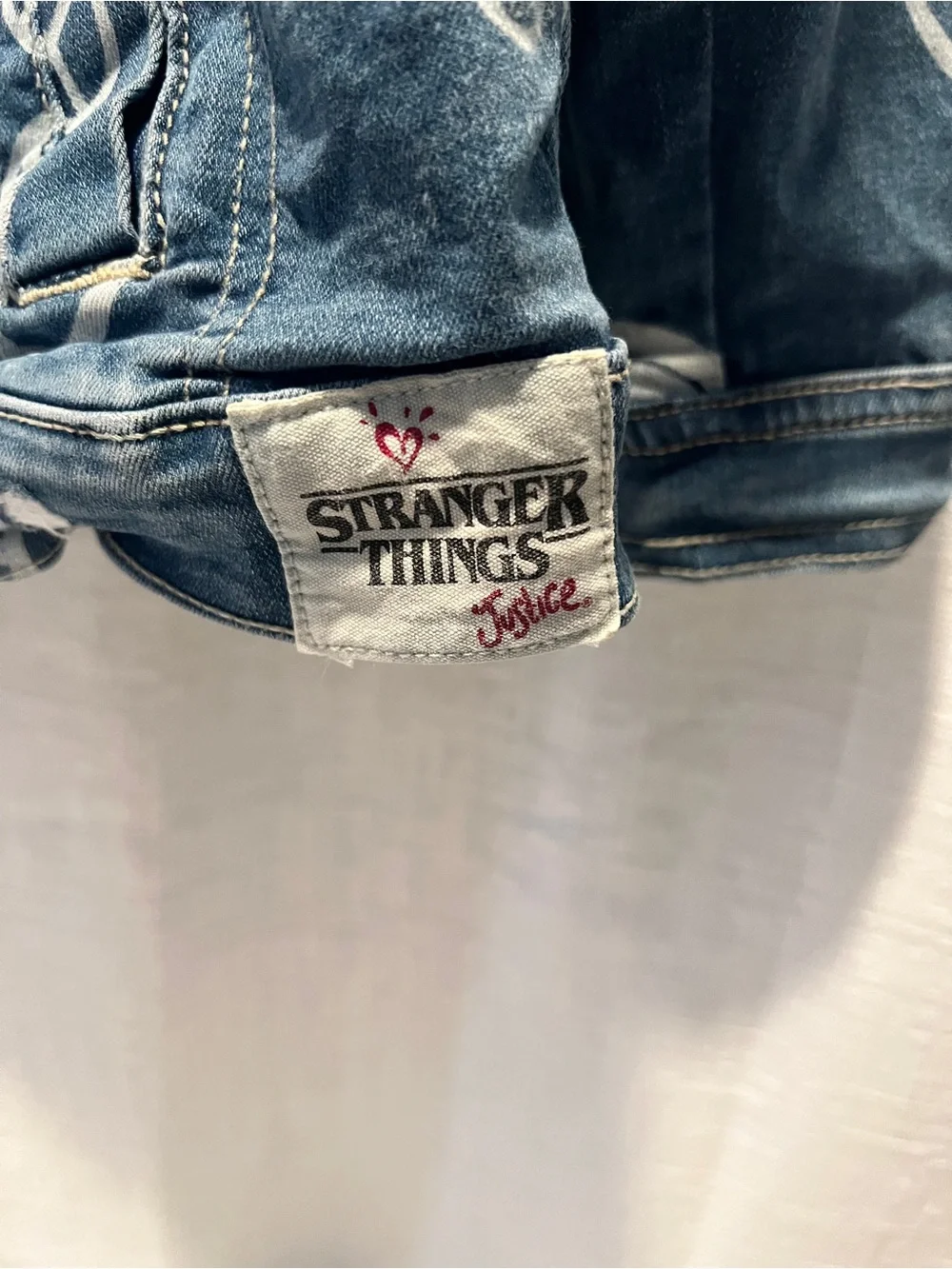 Justice Blue Denim Jacket with White Peace & Smiley Prints X-SIZE LARGE 14-16